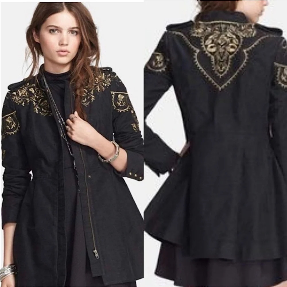 Free People Sargeant Floral Embroidered Embellished Military Coat Black 2‎